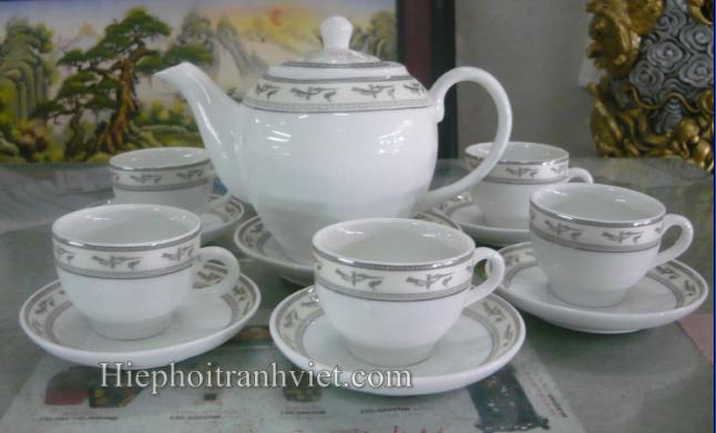 Ấm chén dáng Minh Long in viền hạc ACBT-017