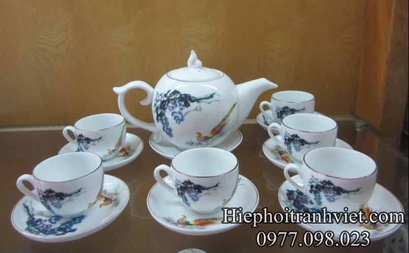 Ấm Chén Bát Tràng cao cấp in hình chim Trĩ ACBT-040