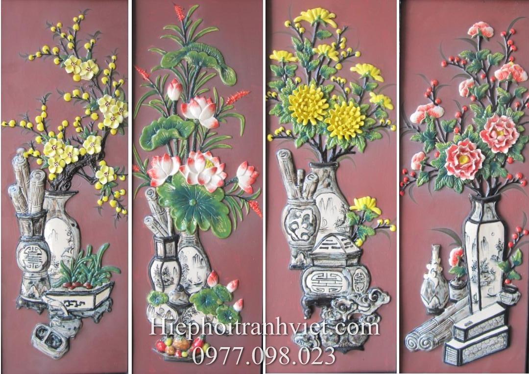 Tranh Tứ Quý Cổ đồ đắp nổi nền nâu 128