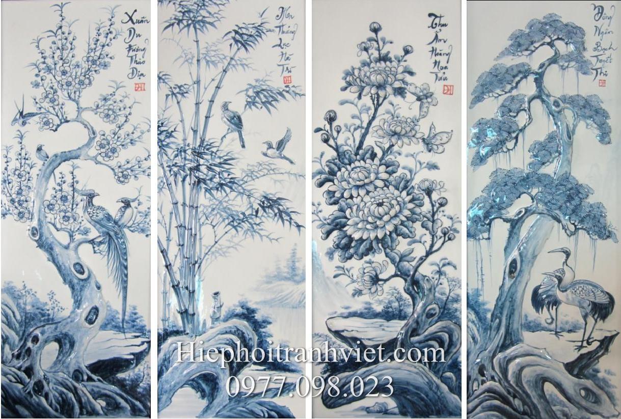 Tranh tứ quý Xuân Hạ Thu Đông đắp nổi nền trắng cao cấp 126