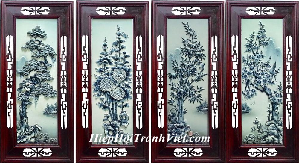 Tranh đắp nổi cao cấp Tùng Cúc Trúc Mai men tràm