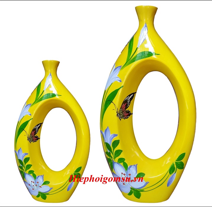 Bộ 2 bình trang trí cao cấp Bát Tràng vẽ hoa Ly