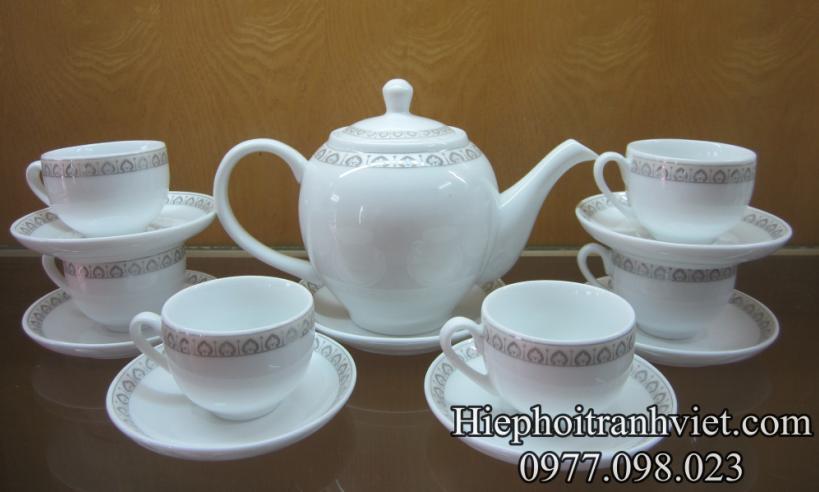 Ấm Chén Bát Tràng cao cấp Camellia in viền AC-043