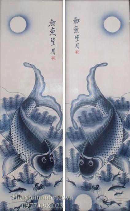 Tranh bộ cá chép trông trăng 091