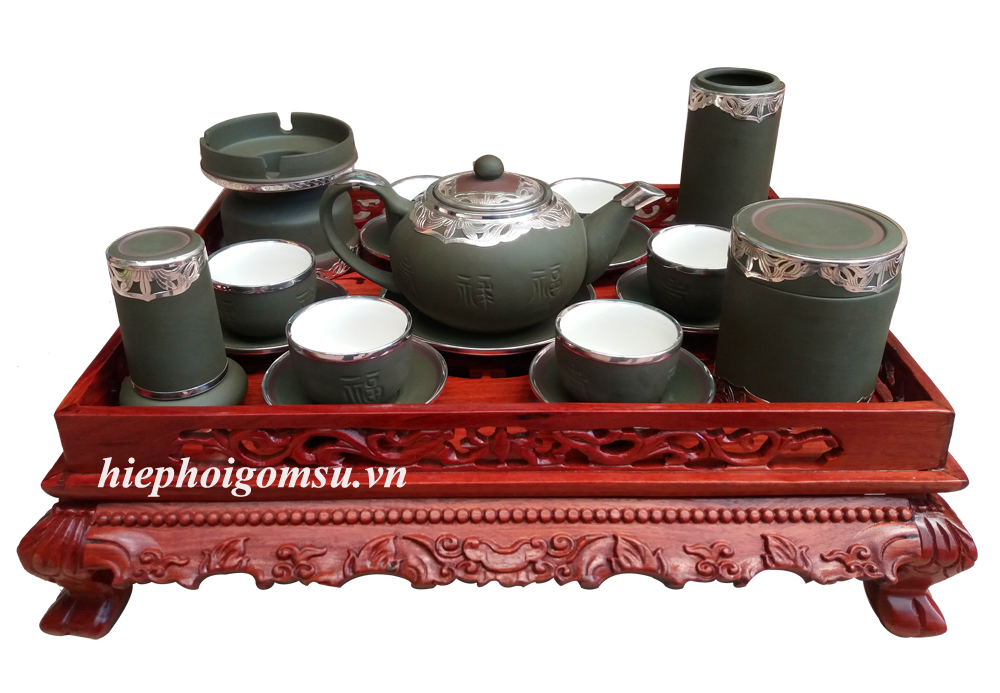 Bộ ấm chén Bát Tràng cao cấp bọc bạc