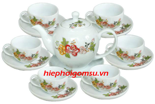 Bộ ấm chén Bát Tràng cao cấp in hoa lá AC-016