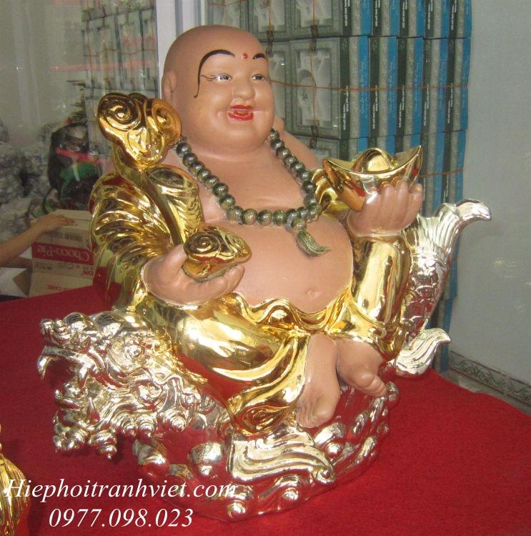 Tượng gốm sứ dát vàng bạc Di Lặc cưỡi cá chép hóa rồng