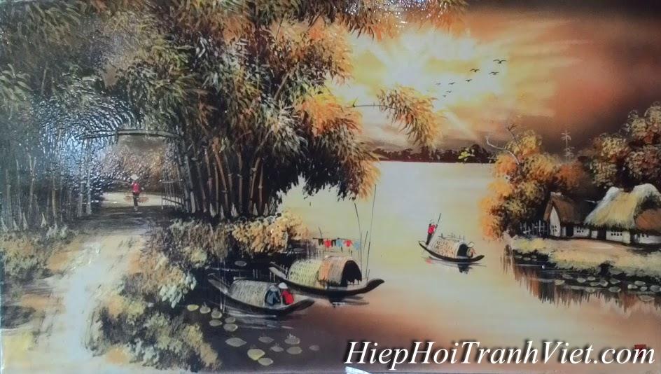 Tranh Cổng tre chiều hoàng hôn 001