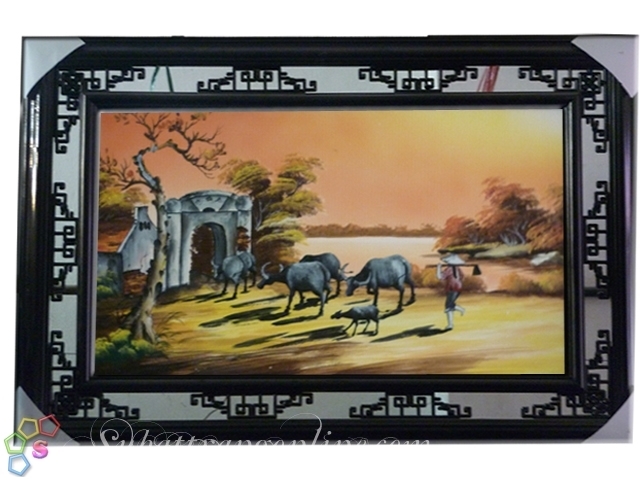 Tranh gốm sứ đồng quê chiều trâu về 035