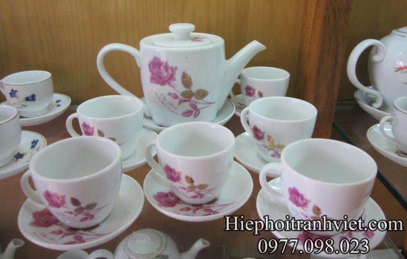Ấm Chén Bát Tràng vuông in hoa Hồng ACBT-039