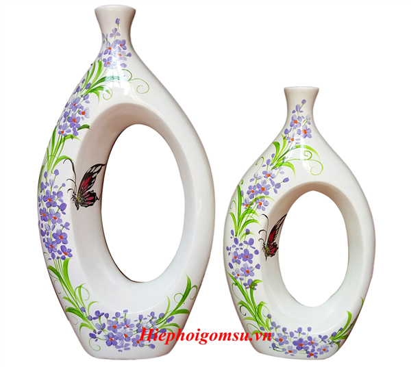 Bộ 2 Bình Trang Trí sơn mài cao cấp vẽ Bướm Hoa (trắng)