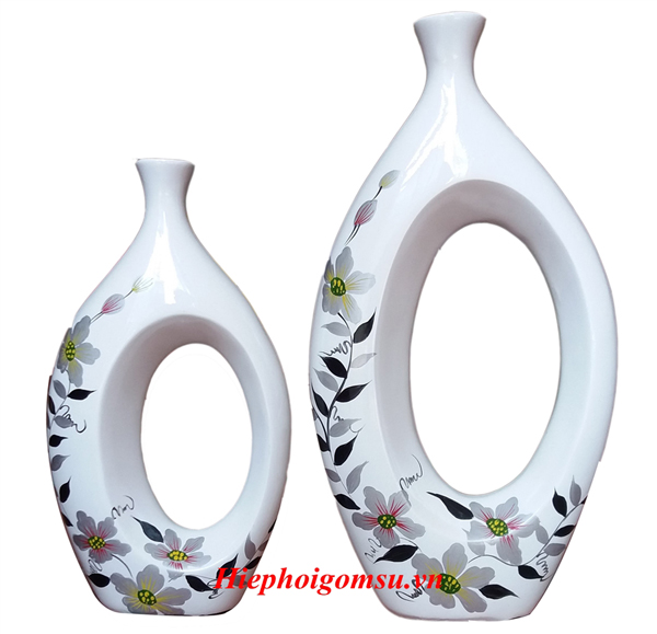 Bộ 2 Bình Trang Trí sơn mài cao cấp vẽ hoa dây