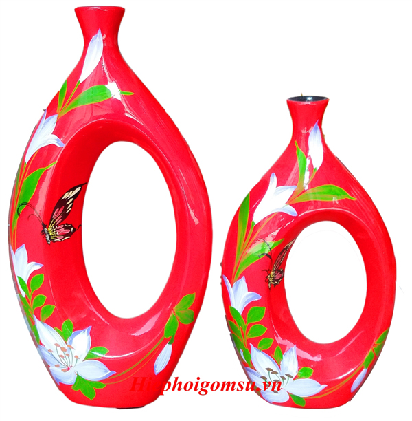 Bộ 2 Bình Trang Trí sơn mài cao cấp vẽ hoa ly (đỏ)