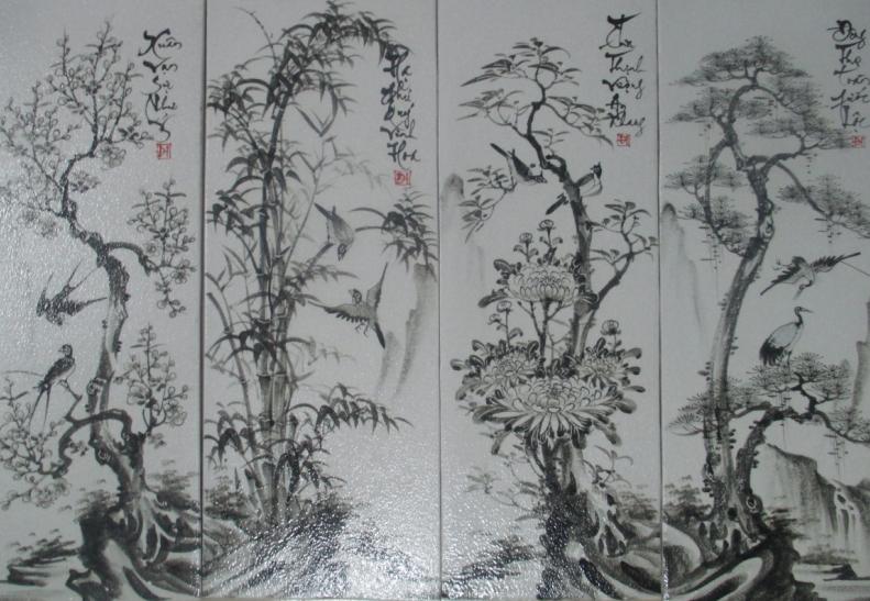 Tranh Tứ Quý tùng cúc trúc mai cỡ nhỏ vẽ đen trắng 050