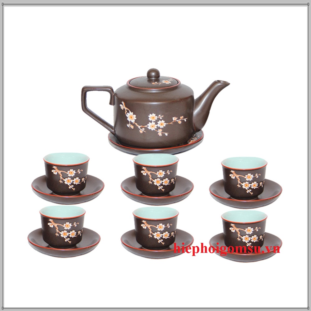 Bộ ấm trà khắc chìm hoa mai vuông