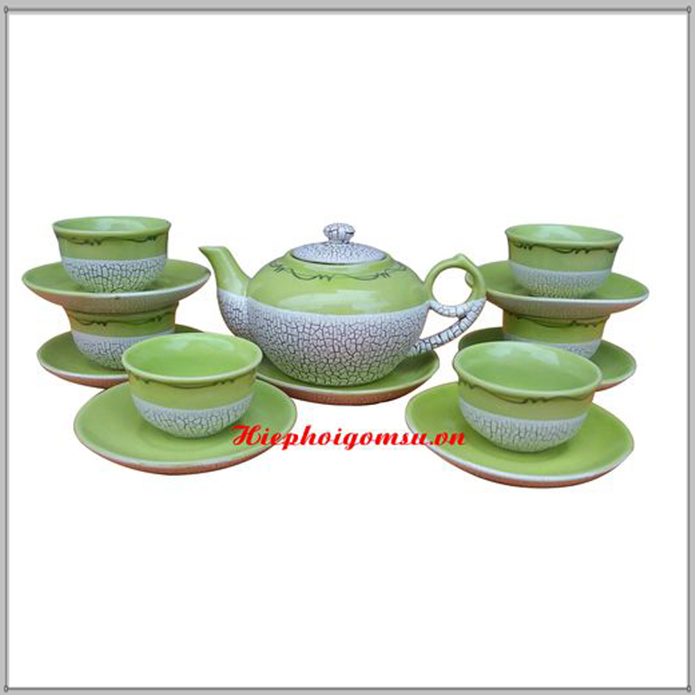 Bộ ấm chén Bát Tràng men rạn cao cấp màu xanh