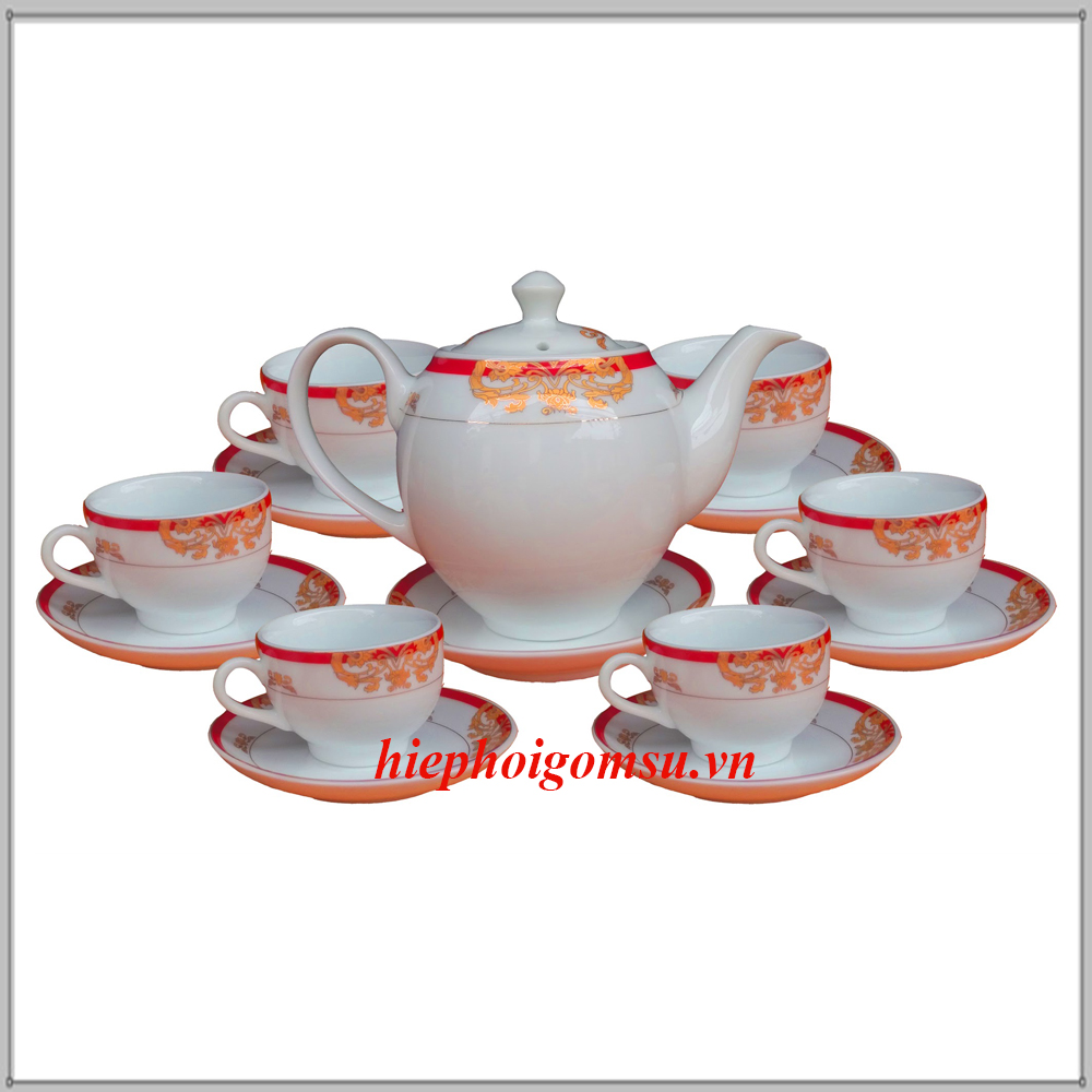 Bộ ấm chén cao cấp viền đỏ in logo