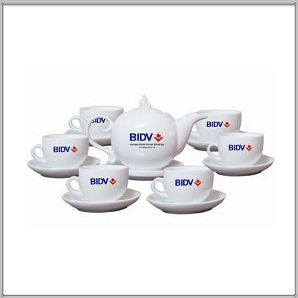 Bộ ấm chén dáng tròn in logo BIDV