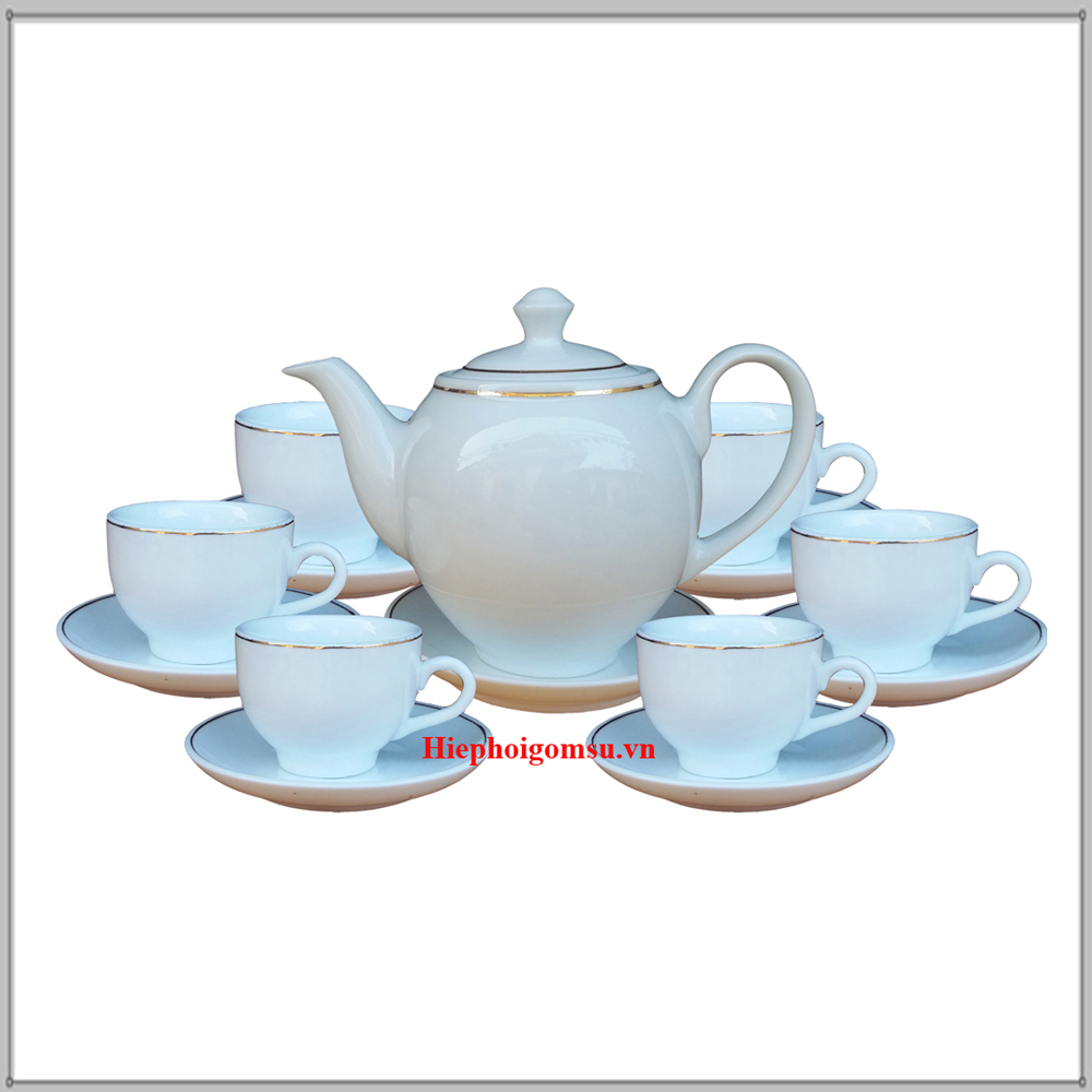 Bộ ấm chén cao cấp kẻ chỉ vàng dáng Minh Long