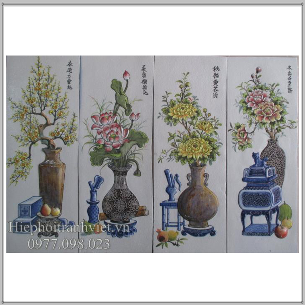 Tranh tứ quý cổ đồ Mai Sen Cúc Mẫu Đơn đắp nổi 093