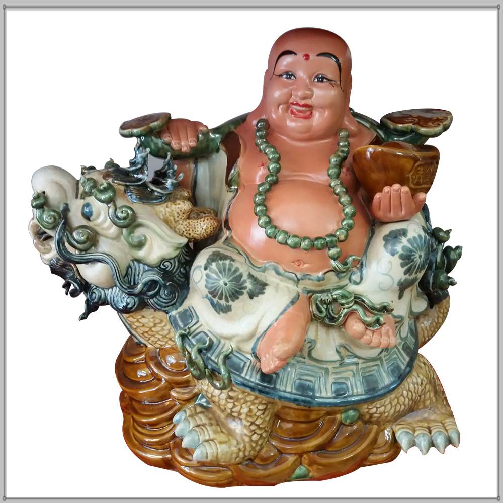 Tượng gốm sứ Di Lặc cưỡi Long Quy cao 52 cm