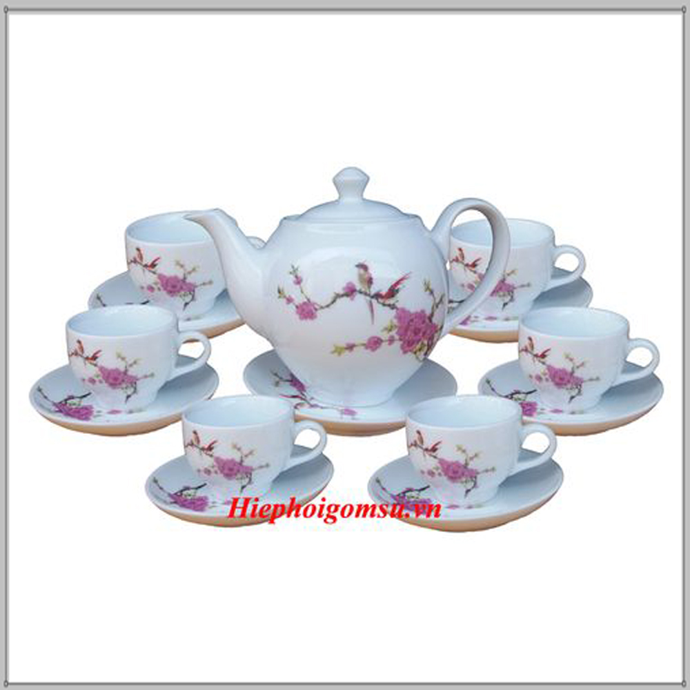 Bộ ấm chén Bát Tràng cao cấp Hoa Đào Chim Trĩ 550ml