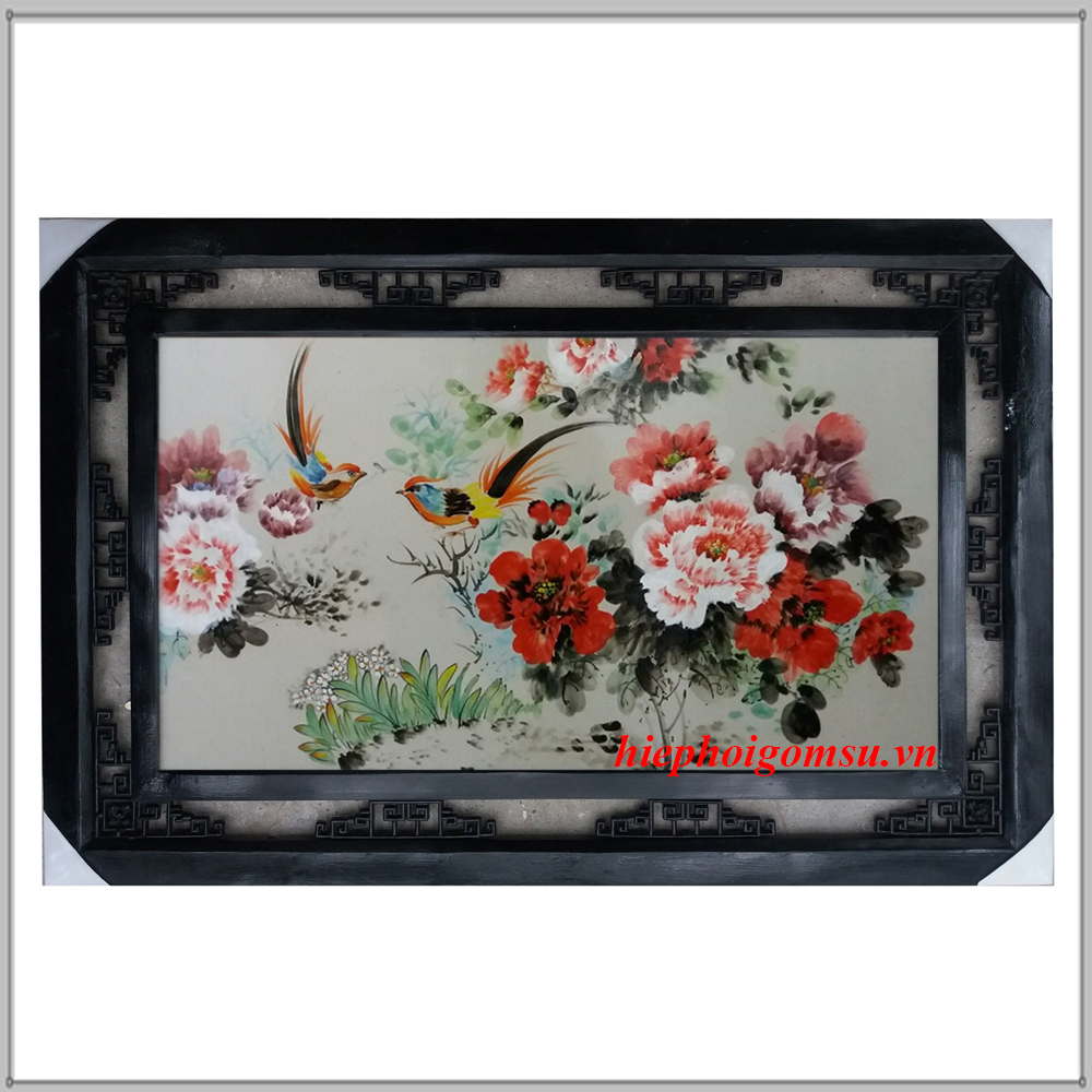 Tranh sứ Hoa mẫu đơn chim trĩ
