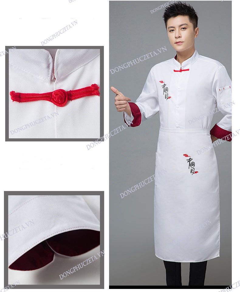 đồng phục bếp màu trắng cổ tàu