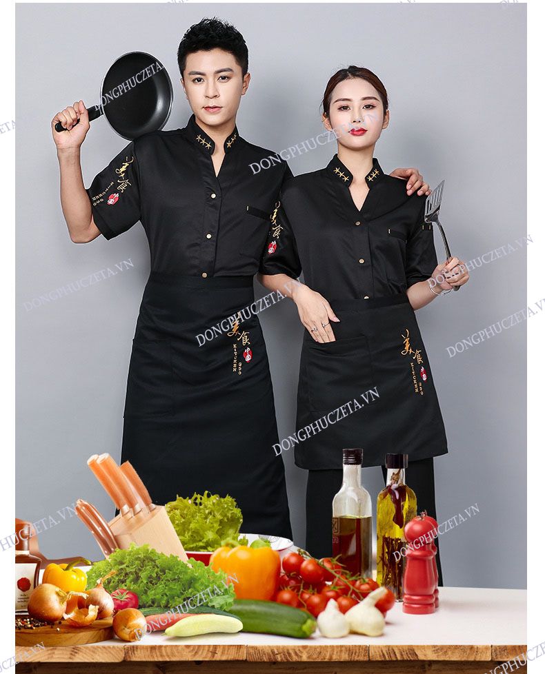 đồng phục nhà bếp màu đen cộc tay