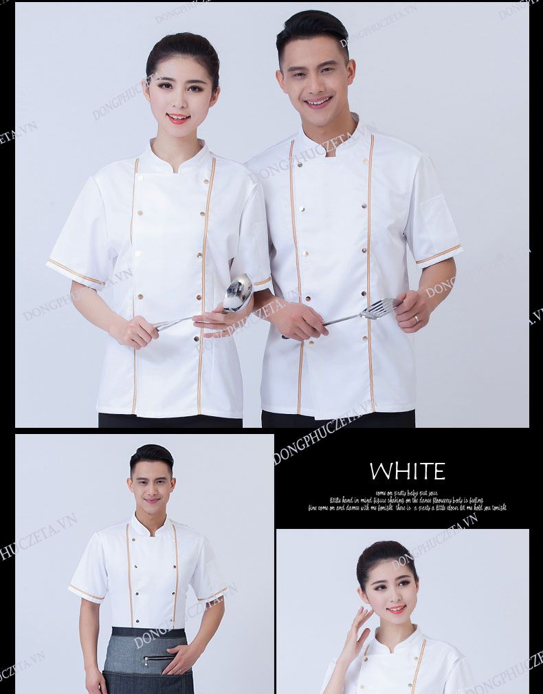 đồng phục bếp nhân viên màu trắng phối vàng