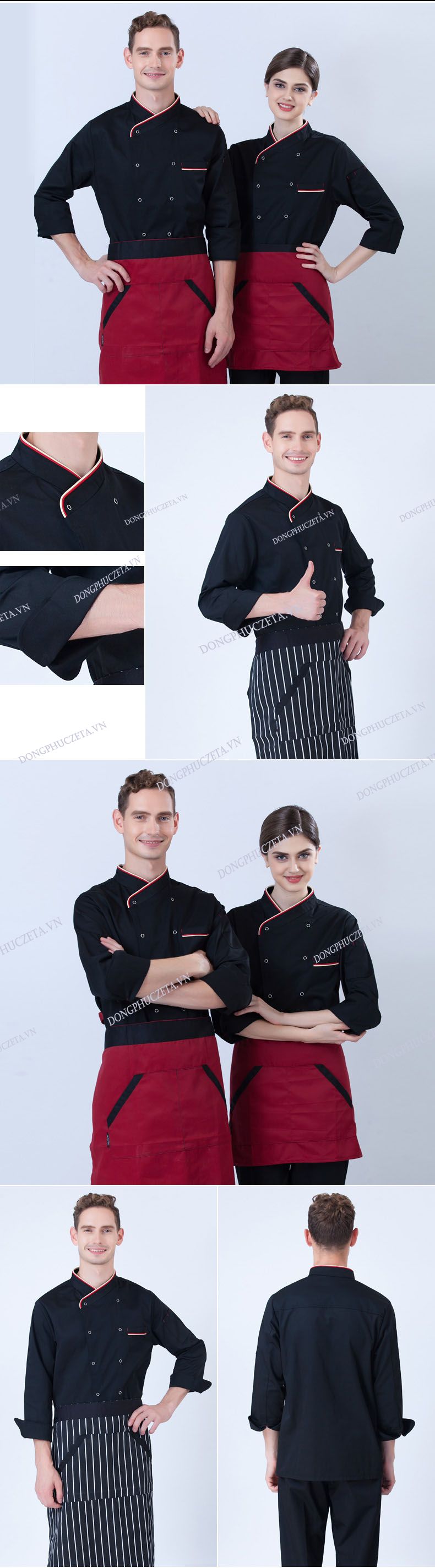 đồng phục áo bếp trưởng màu đen phối kẻ trắng đỏ