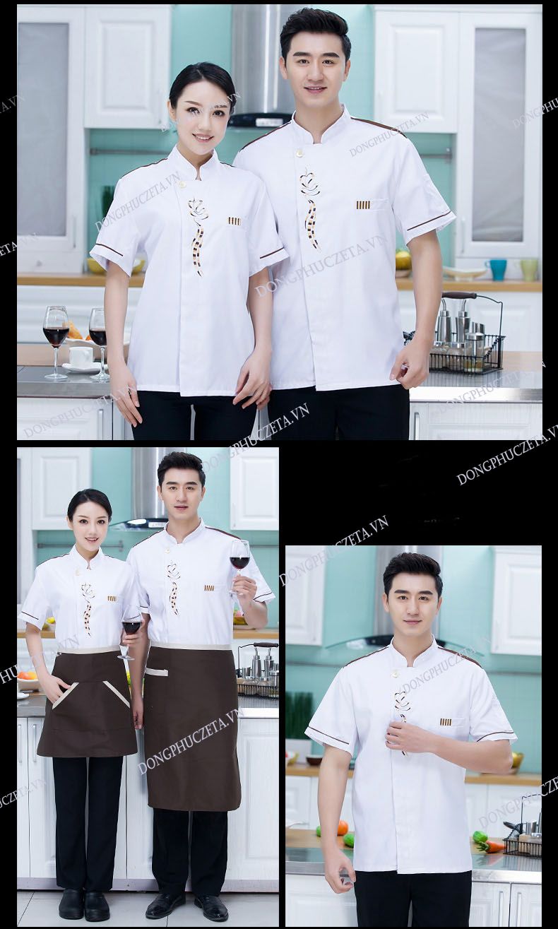 đồng phục bếp nữ cộc tay màu trắng phối nâu