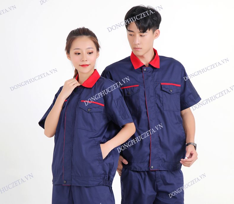 đồng phục bảo hộ xanh navy phối đỏ
