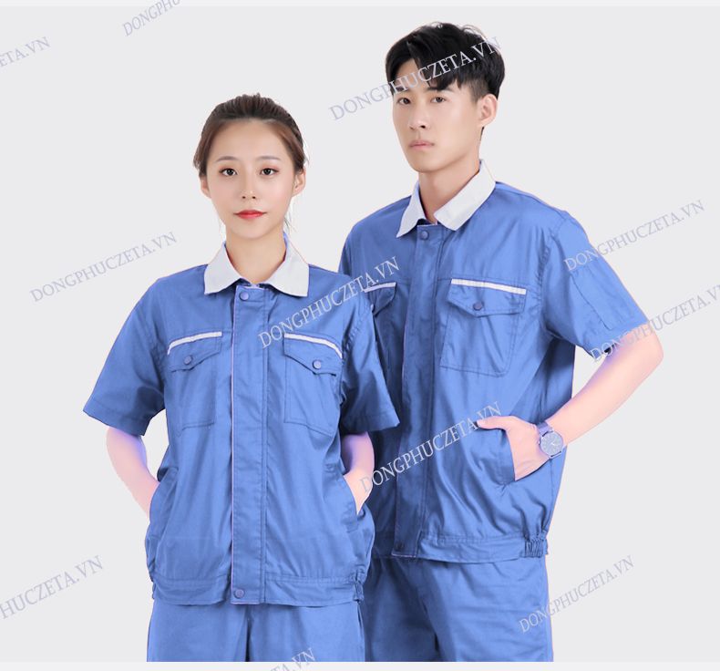 đồng phục bảo hộ cộc tay màu xanh blue