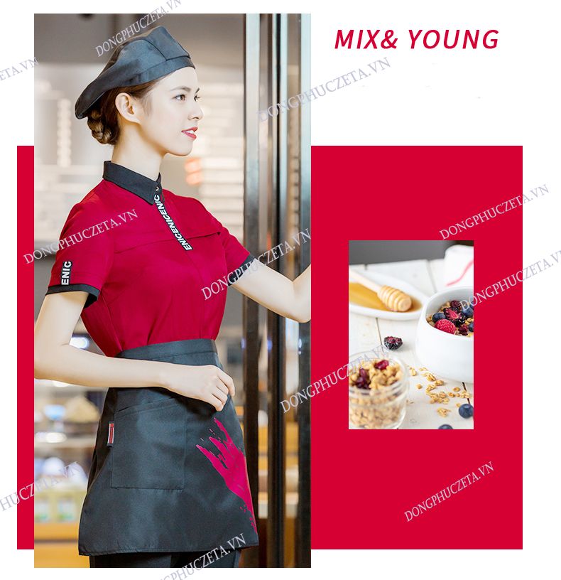 đồng phục nhân viên quán cafe màu đỏ
