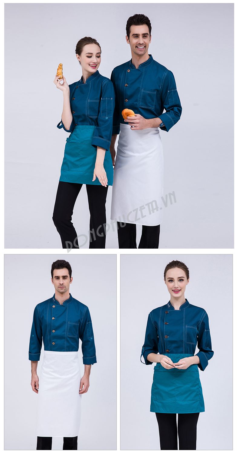 đồng phục bếp màu xanh 