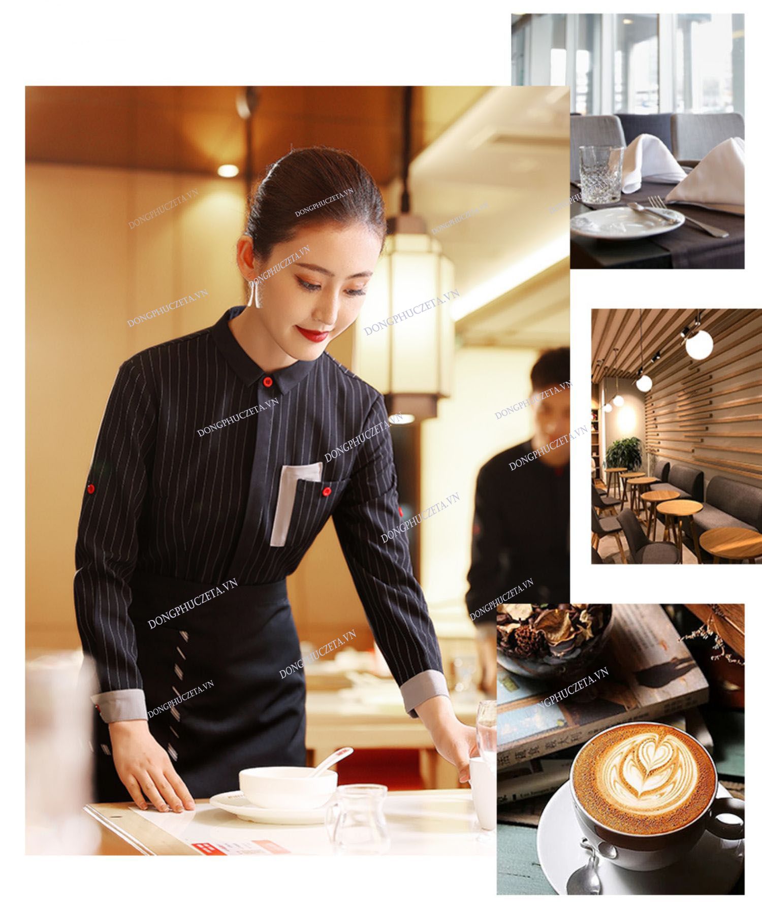 Áo sơ mi phục vụ bàn kẻ đen trắng