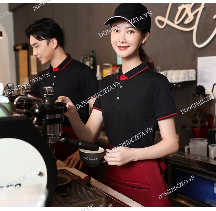 Áo thun nhà hàng quán cafe màu đen phối đỏ