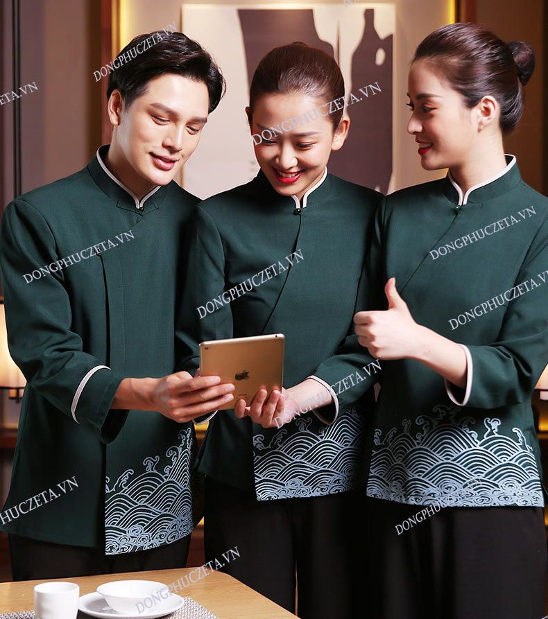 đồng phục nhà hàng trung quốc màu xanh phối cổ trắng