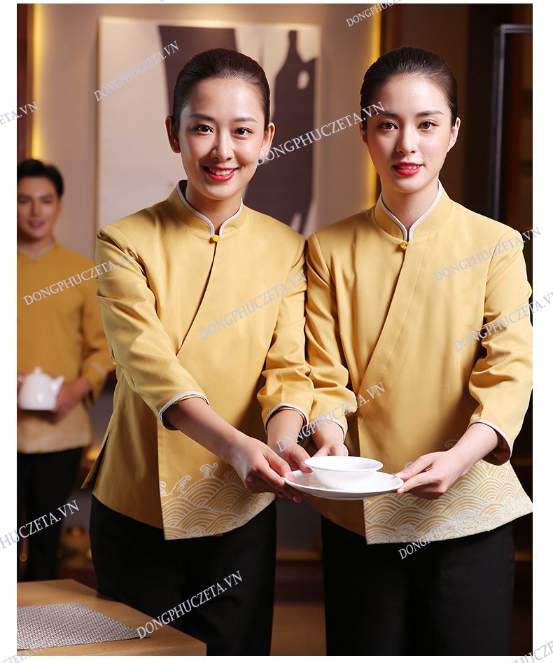 đồng phục nhà hàng màu vàng phối cổ trắng
