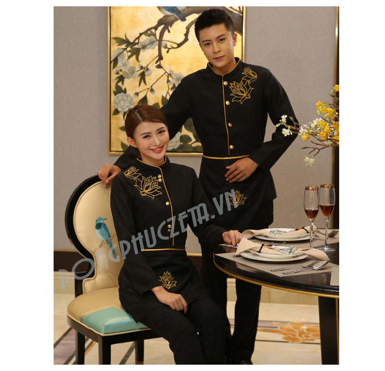 đồng phục phục vụ nhà hàng tiệc cưới màu đen phối vàng