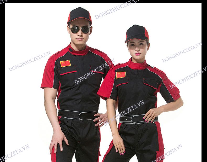 đồng phục garage ô tô màu đen phối đỏ