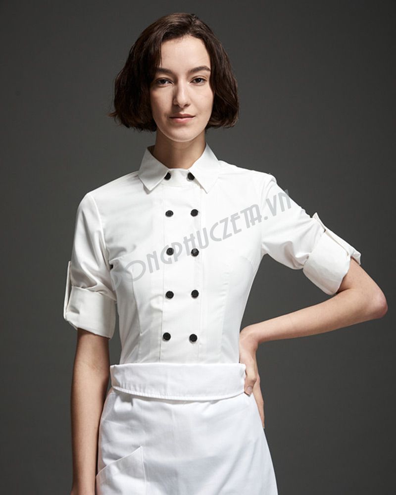 đồng phục bếp nữ màu trắng cổ đức