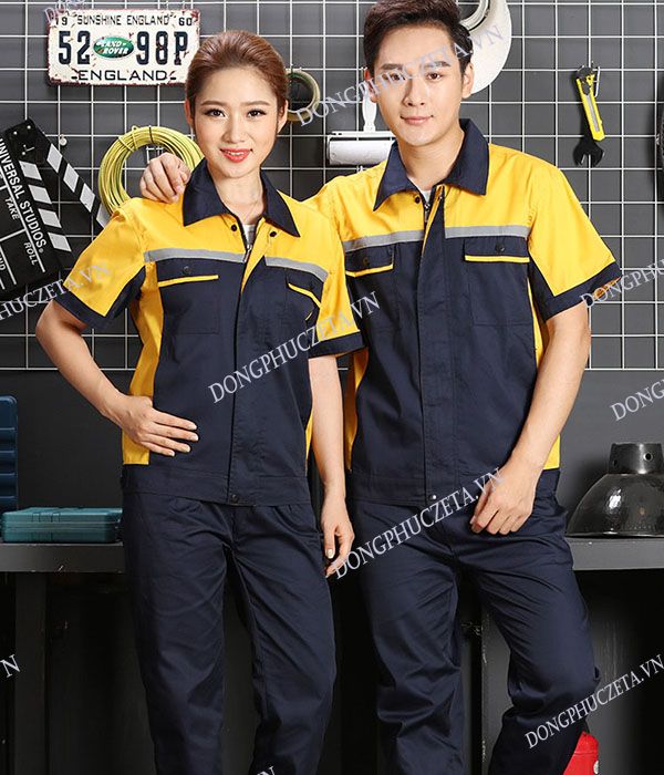 Quần áo đồng phục kỹ sư xây dựng cộc tay màu đen phối vàng