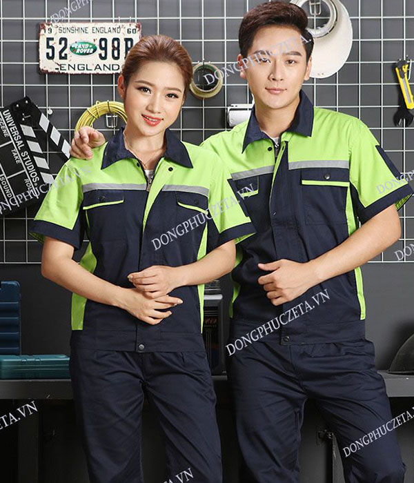 Quần áo kỹ sư xây dựng cộc tay màu đen phối xanh nõn chuối mùa hè