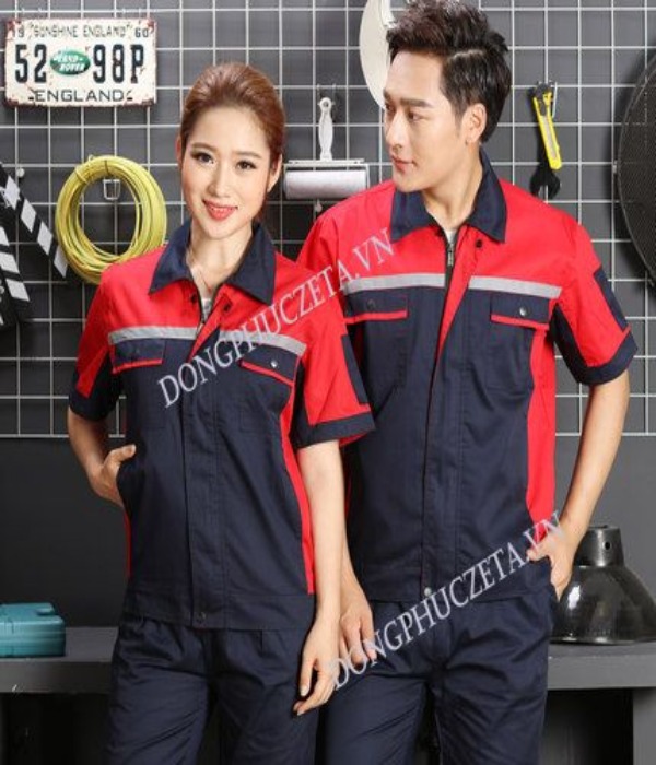Quần áo đồng phục kỹ sư xây dựng cộc tay màu xanh tím than phối đỏ