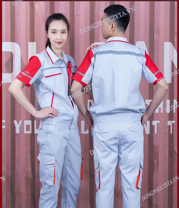 Áo đồng phục kỹ sư điện phản quang cộc tay màu ghi sáng phối đỏ