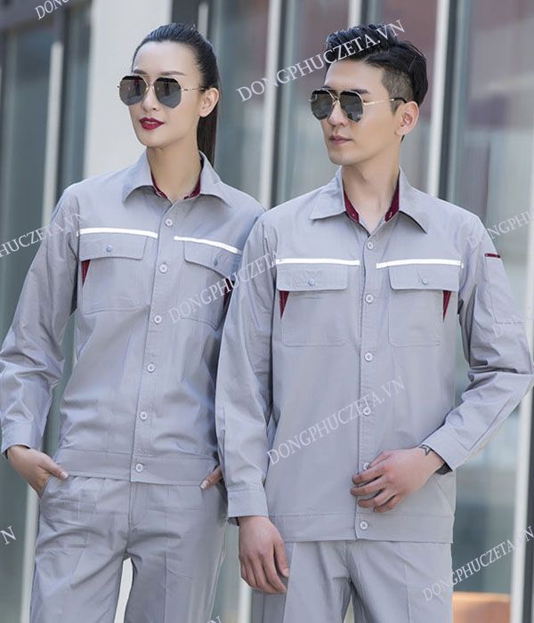 Áo đồng phục kỹ thuật dài tay cổ đức màu ghi sáng phối đỏ đô