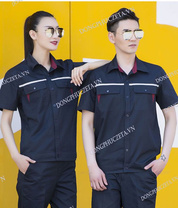Áo đồng phục kỹ thuật cộc tay phản quang cổ đức màu xanh đen phối đỏ đô
