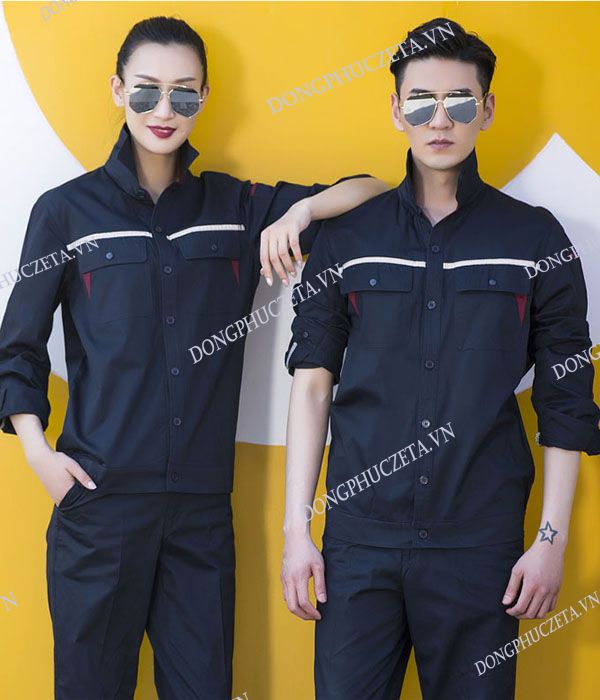 Áo đồng phục kỹ thuật dài tay cổ đức màu xanh tím than phối đỏ